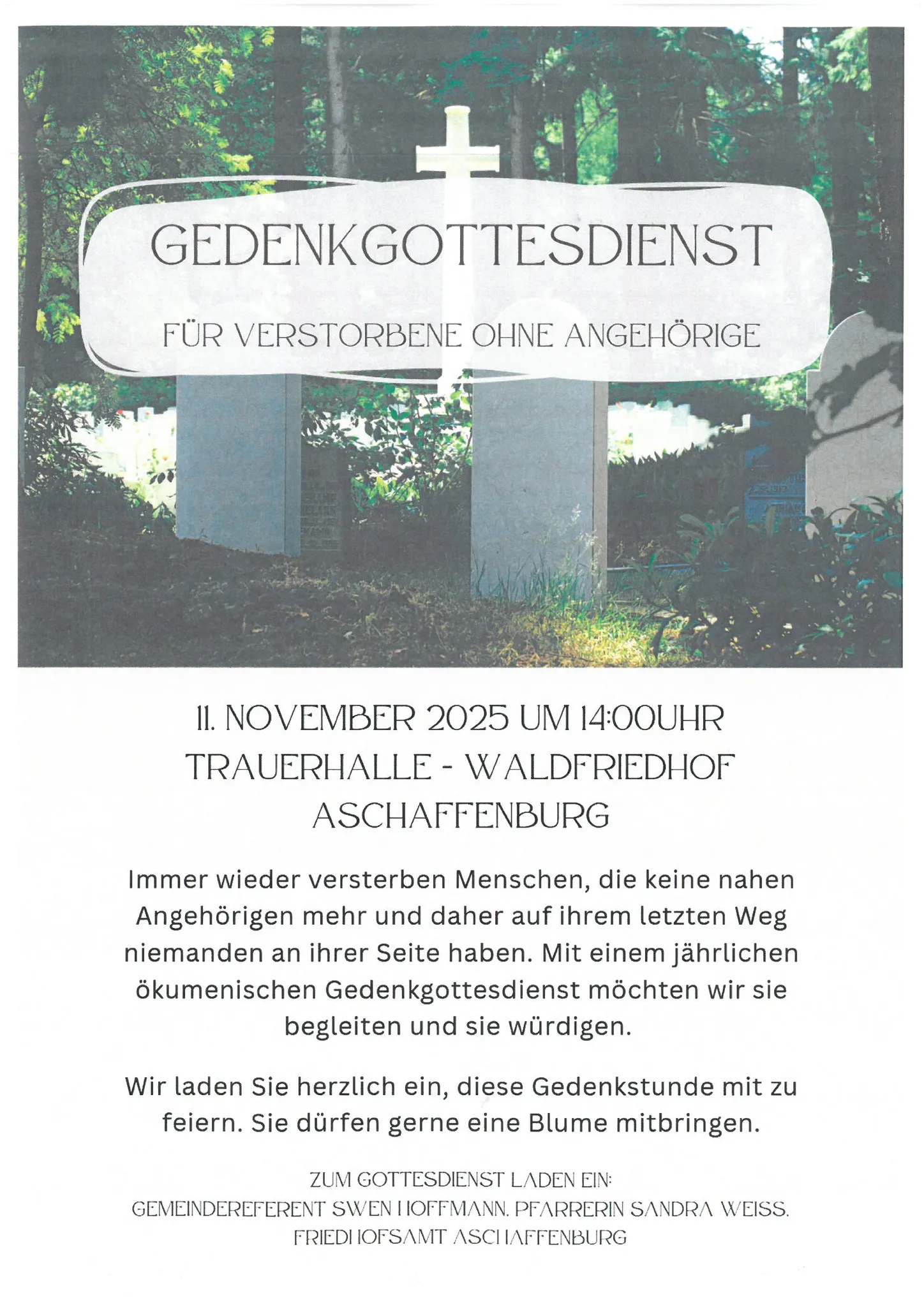 Ankündigung des Gedenkgottesdienstes am 11. November 2025